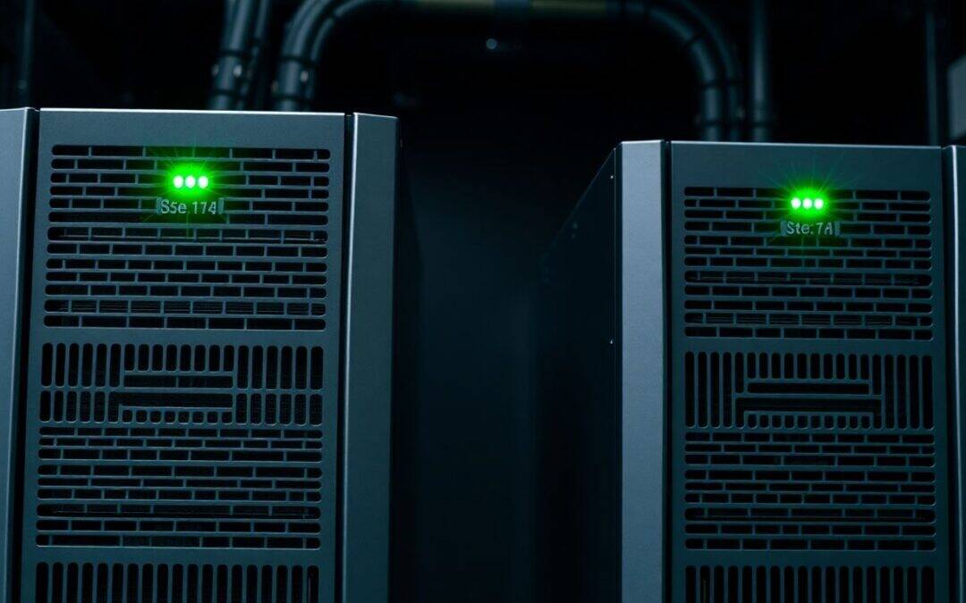 Zwei identische Stromversorgungen nebeneinander, grüne Lichter leuchten.