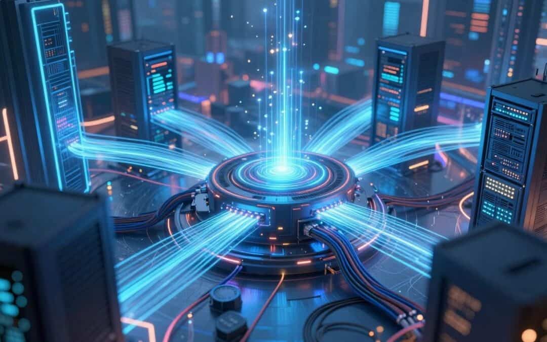 Datenströme fließen zu einem zentralen Knotenpunkt in der Stadt.