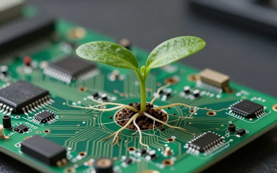 Grüne Platine mit einem jungen Spross